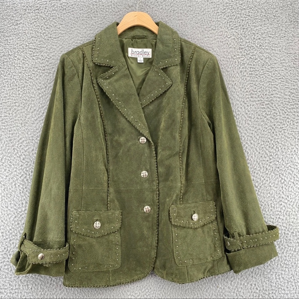 Bradley Bayou Blazer jacket Womens Large Green Leather Studded Woven Trim READ